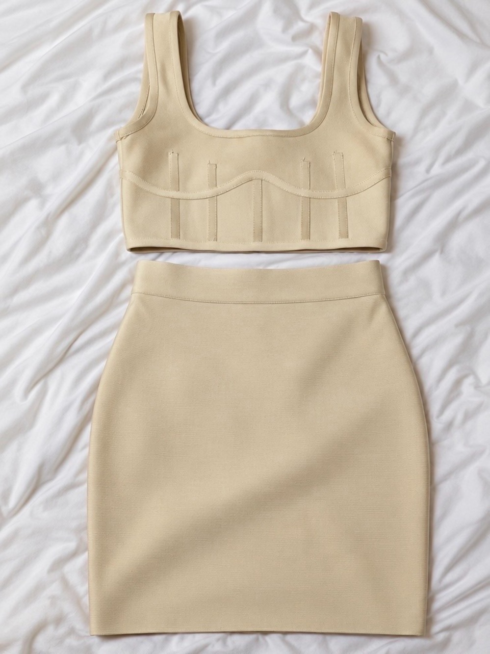Hot Miami Styles Cream Two-Piece Structured Crop Top & Skirt Set